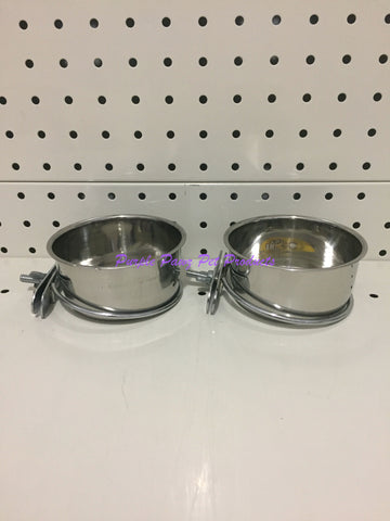 ~BIRD/PET BOWLS / STAINLESS STEEL / COOP CUPS / x2 / BOLT ON / 9.9CM DIA~