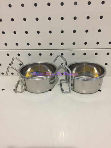 ~BIRD/PET BOWLS / STAINLESS STEEL / COOP CUPS / x2 / HOOK ON / 8CM DIA~